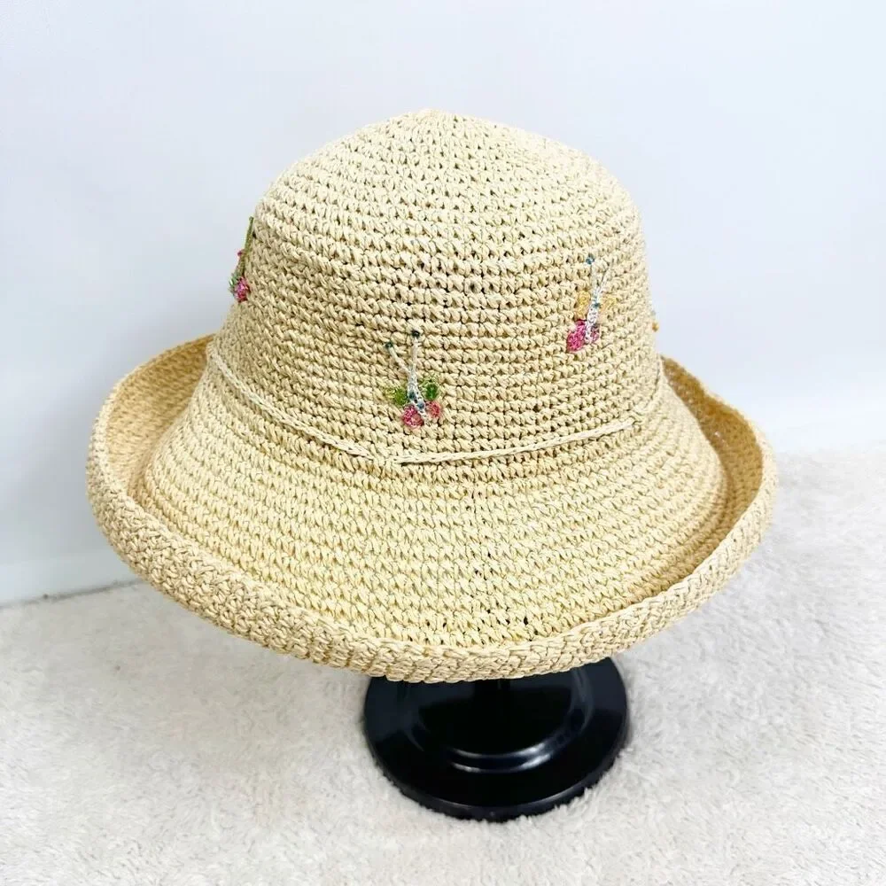 Cappelli Straworld Floral Embroidered Straw Hat Boho Festival Beachy - Picture 7 of 12